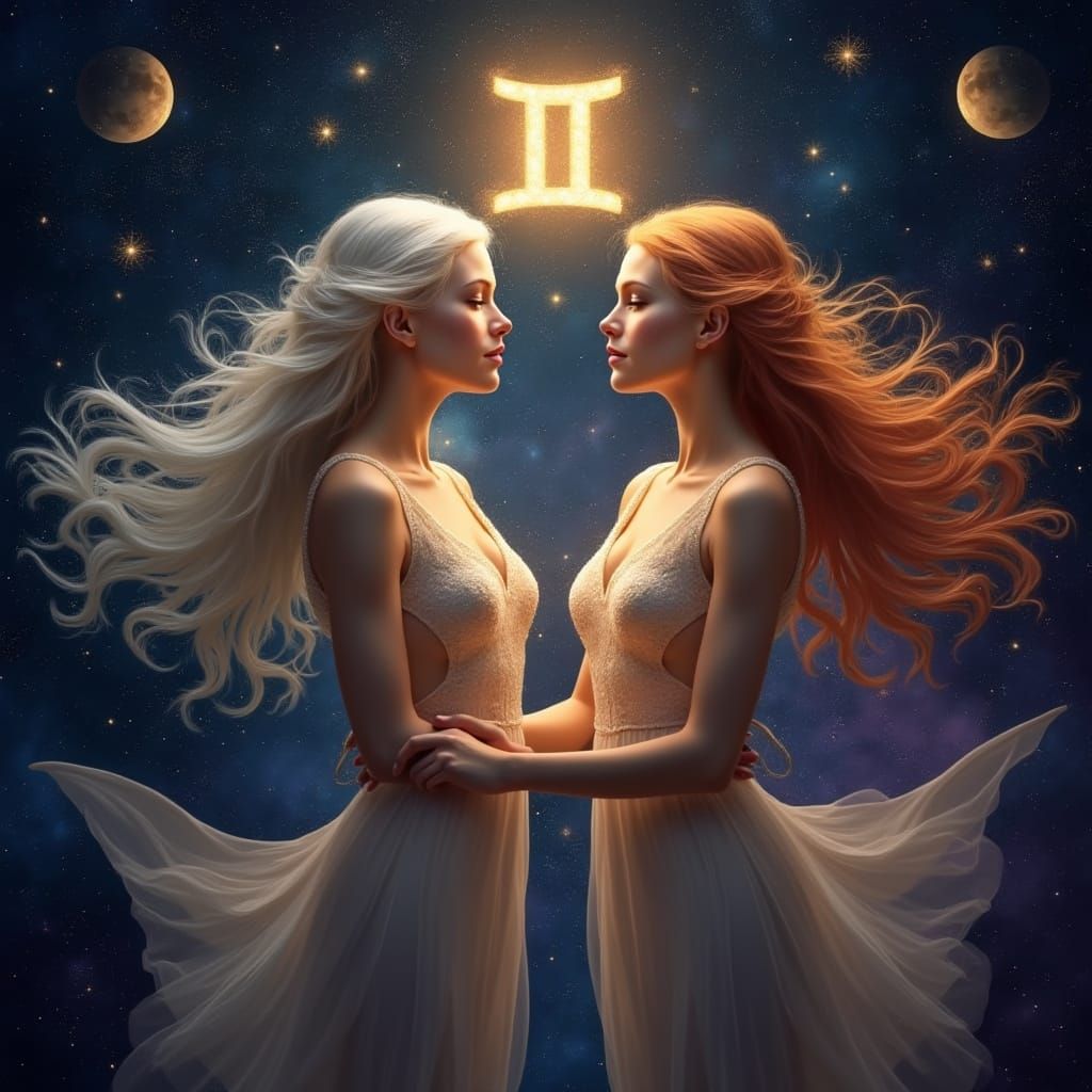 Ethereal Gemini Twin Goddesses Unite in Celestial Harmony