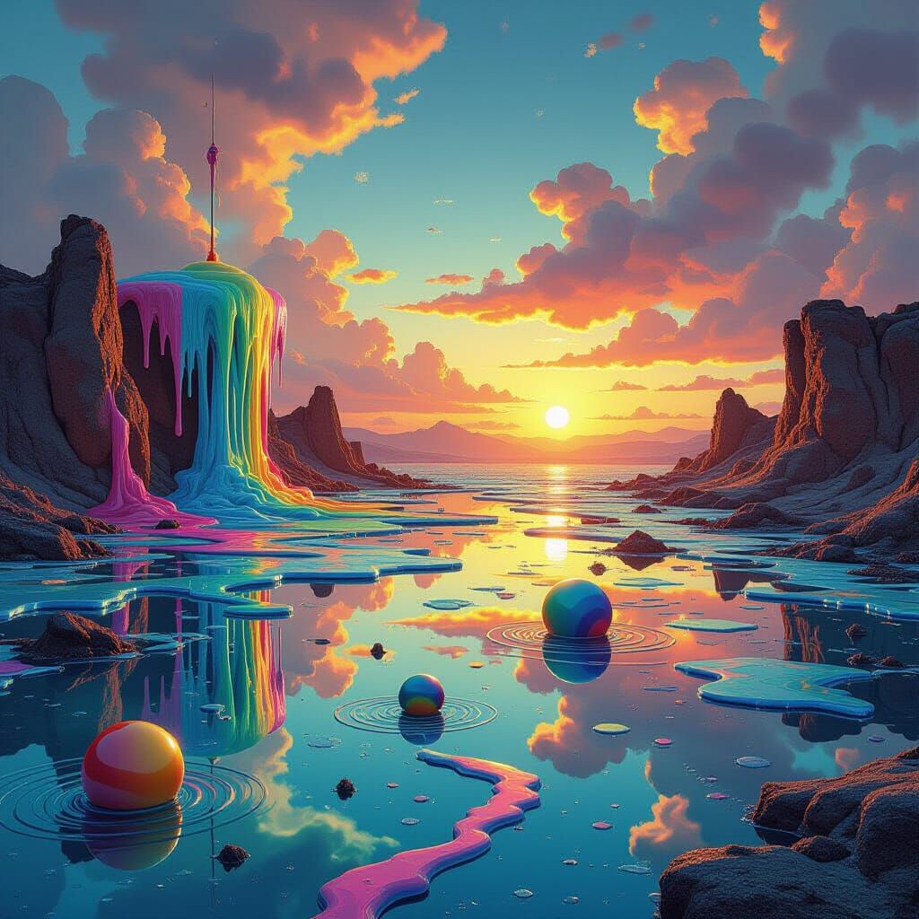 Surreal Dreamscape with Melting Objects and Vibrant Colors