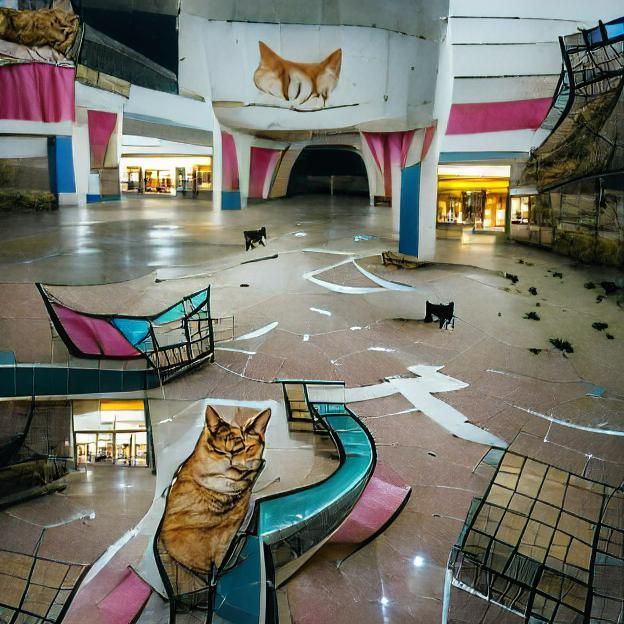 Abandoned Mall Scene with a Lone Cat