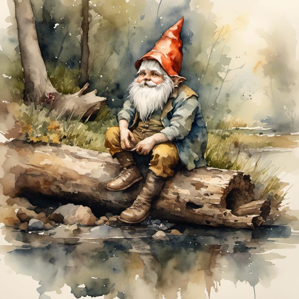 Gnome Resting: Antique Watercolor in Grungy Woods