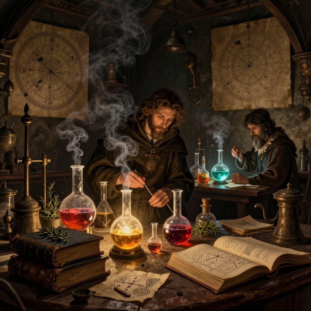 Medieval Alchemist's Lab with Glowing Potions