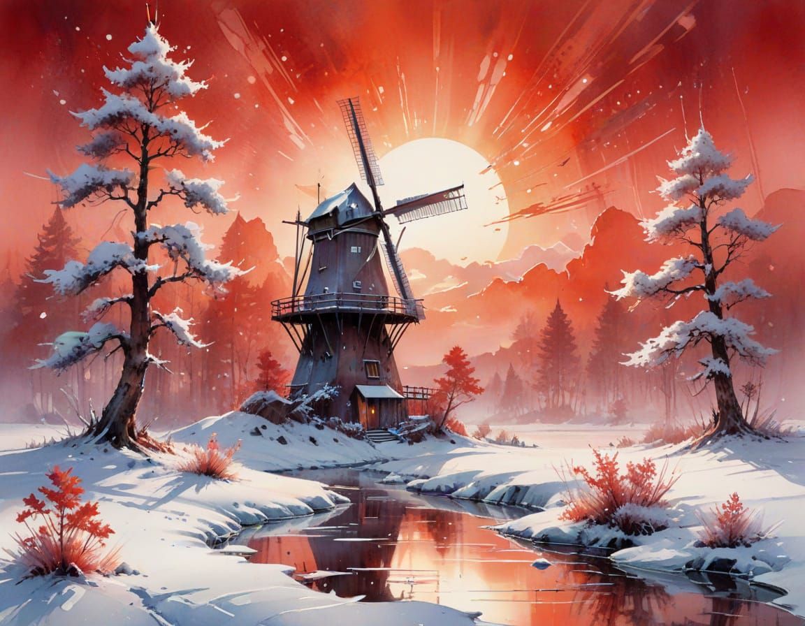 Frozen Windmill at Dawn: Digital Matte Painting