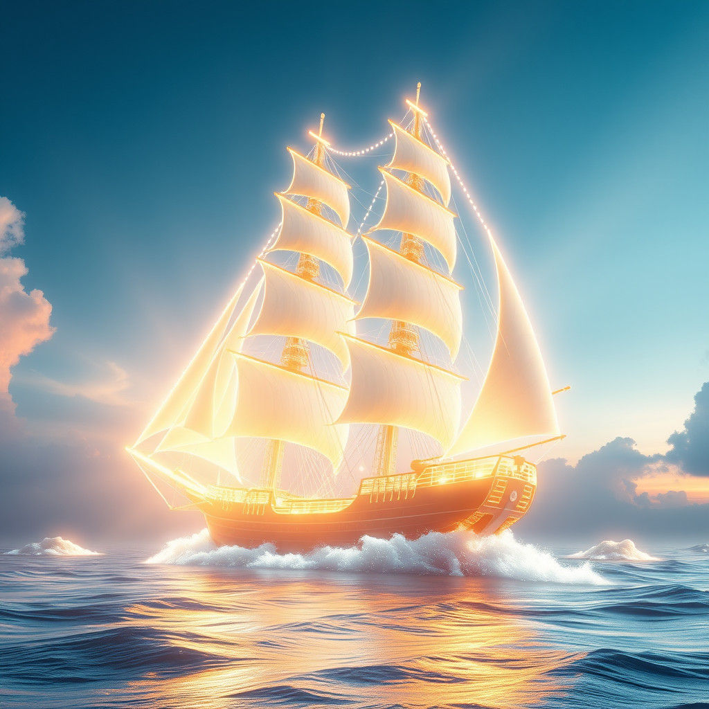 Futuristic Sailing Ship of Light on Luminous Waves