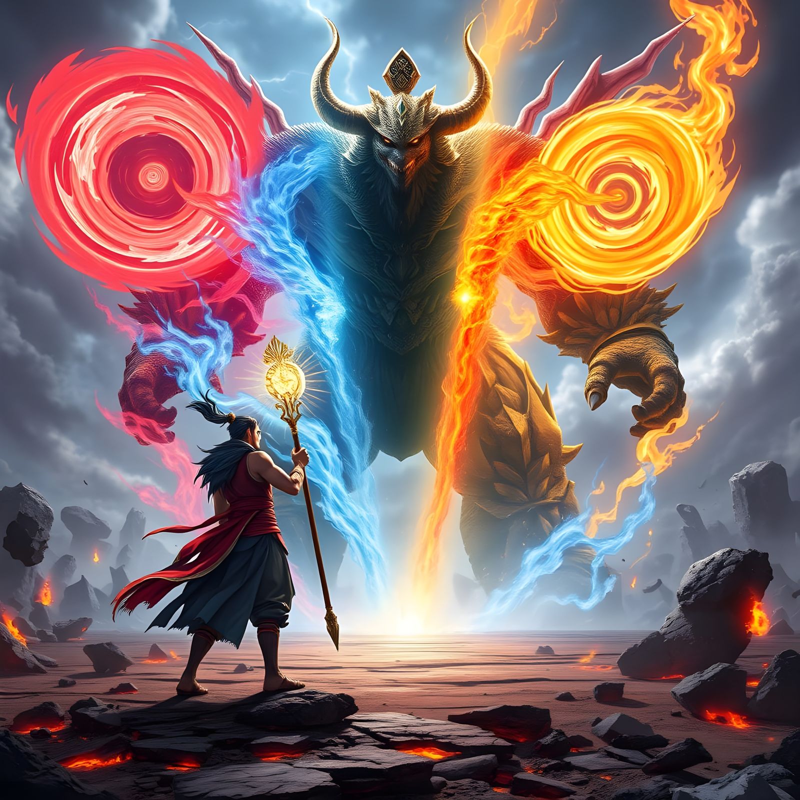 Wukong Battles Fiery Behemoth in 3D Anime Style
