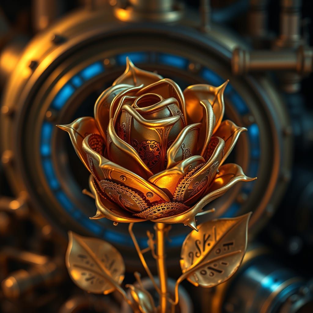 Glowing Steampunk Rose Amidst Industrial Fantasy