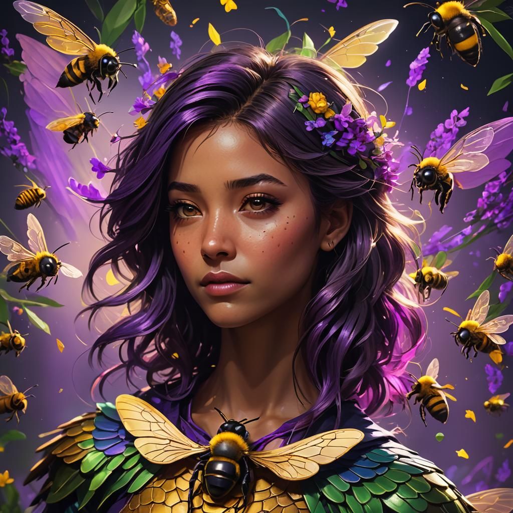 Bee Portrait with Fluttering Wings, Trending Artstation Styl...