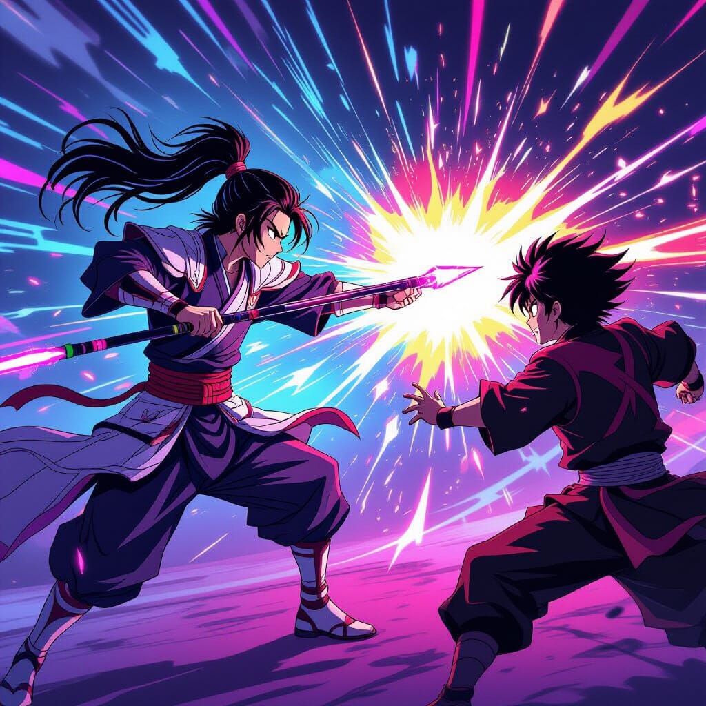 Anime Warrior Exchange Magical Blows in Neon Lights