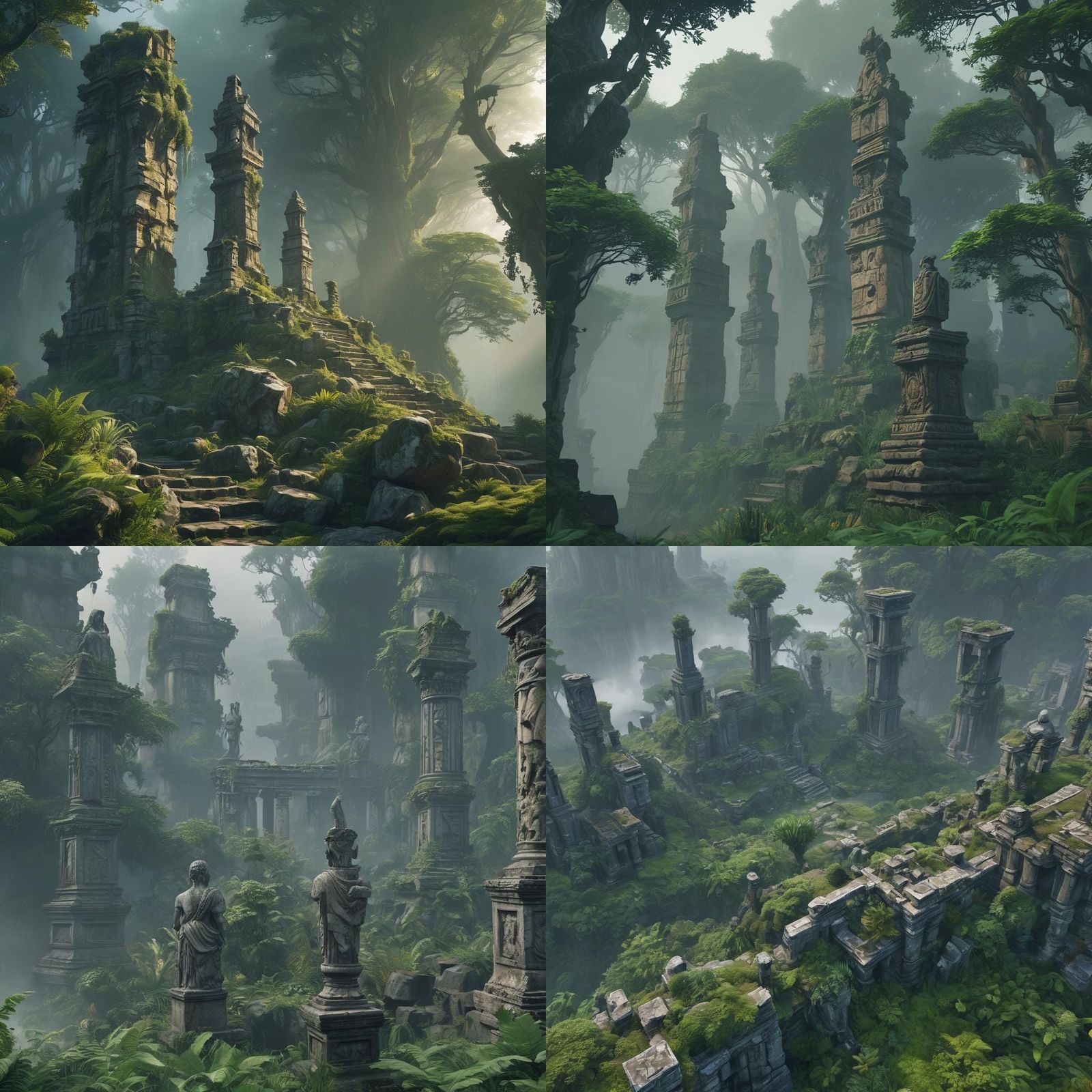 Lush Ruins and Colossal Statues in Mist