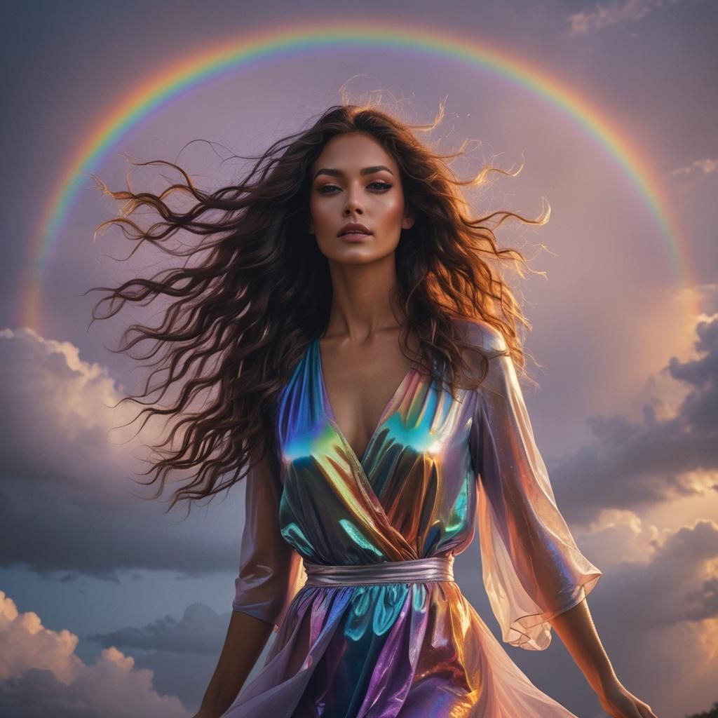 Radiant Woman with Rainbow Sky and Ethereal Glow
