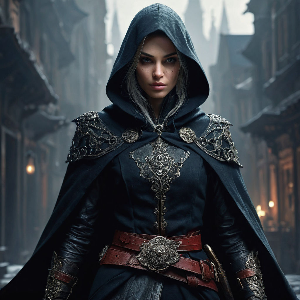 Fantasy Female Thief in Dark Cloak with Daggers