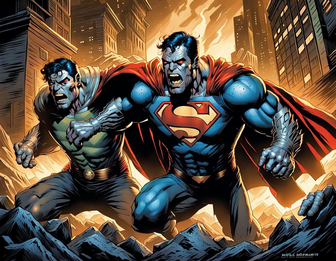 Superman as Frankenstein’s monster fighting the Wolfman Mark Brooks and Dan Mumford, comic book art, perfect, smooth