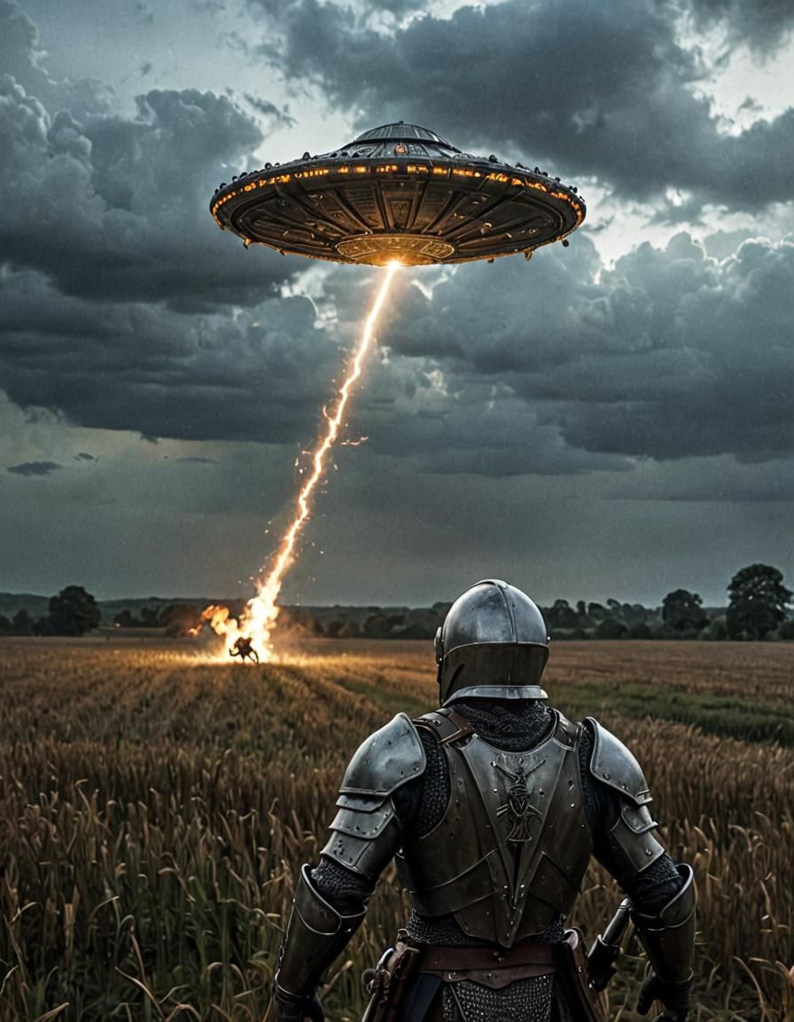UFO over Medieval Warrior in Dark Fantasy Style