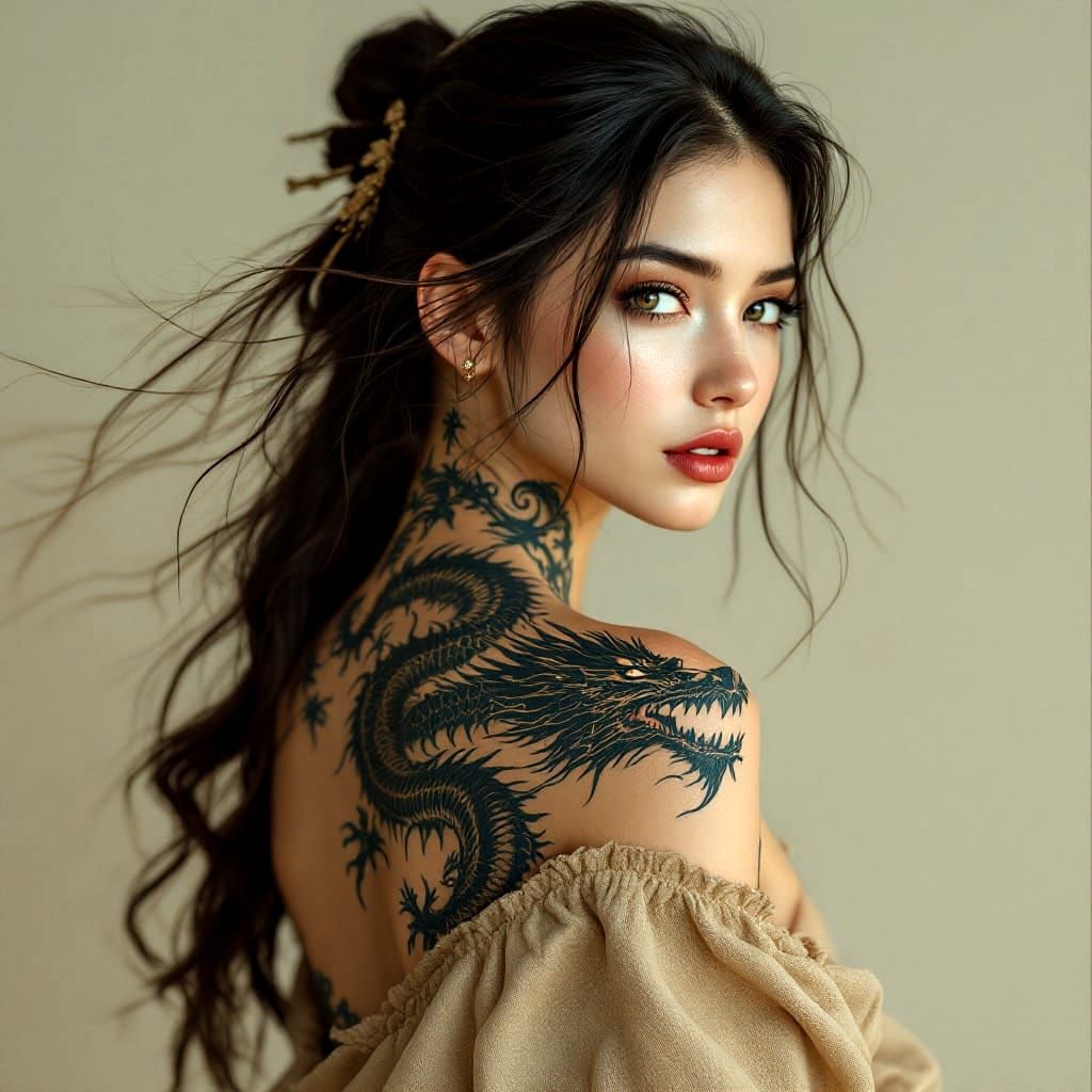 Dragon Tattoo Portrait in Vibrant Triadic Colors