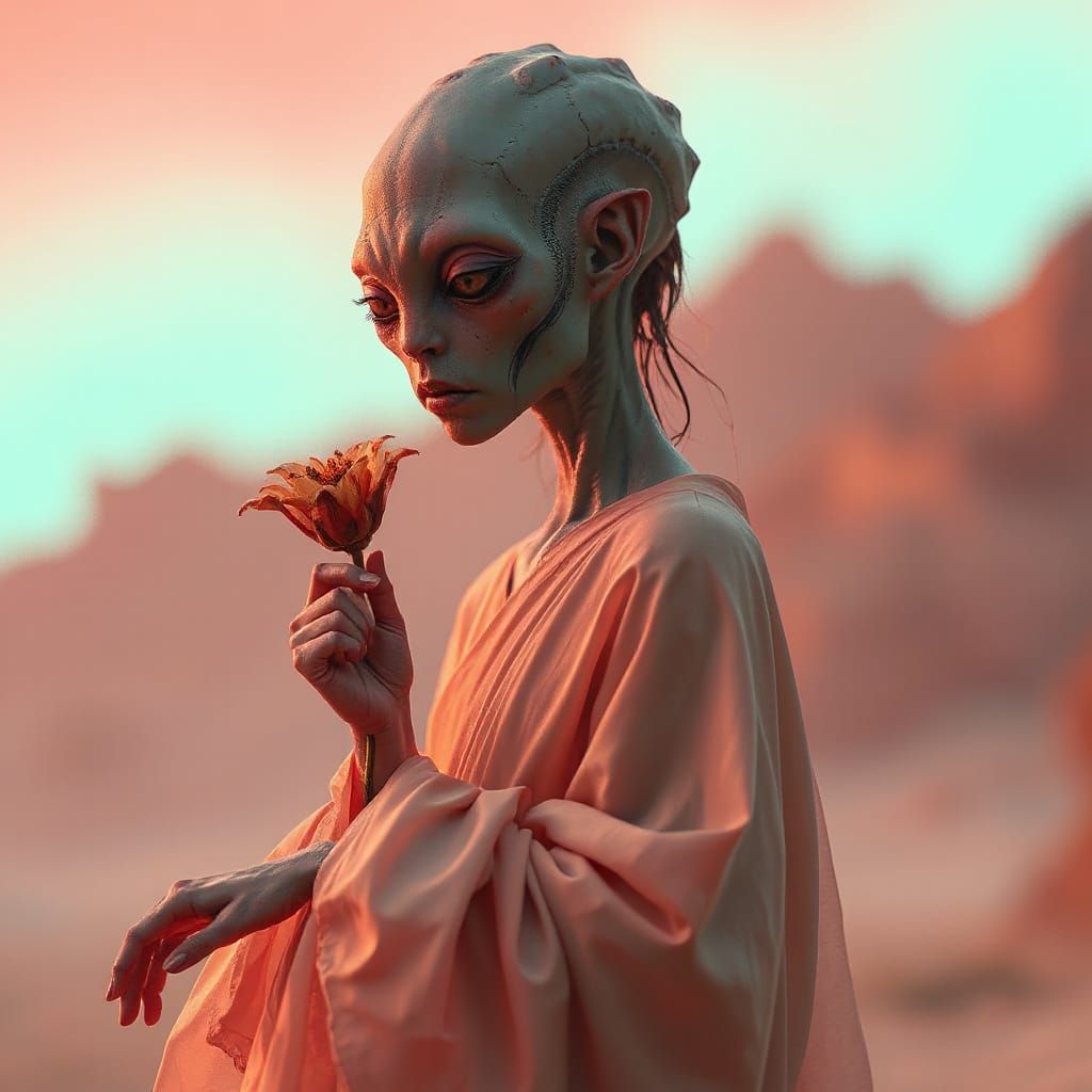 Ethereal Alien Goddess in Soft, Dreamy Landscape