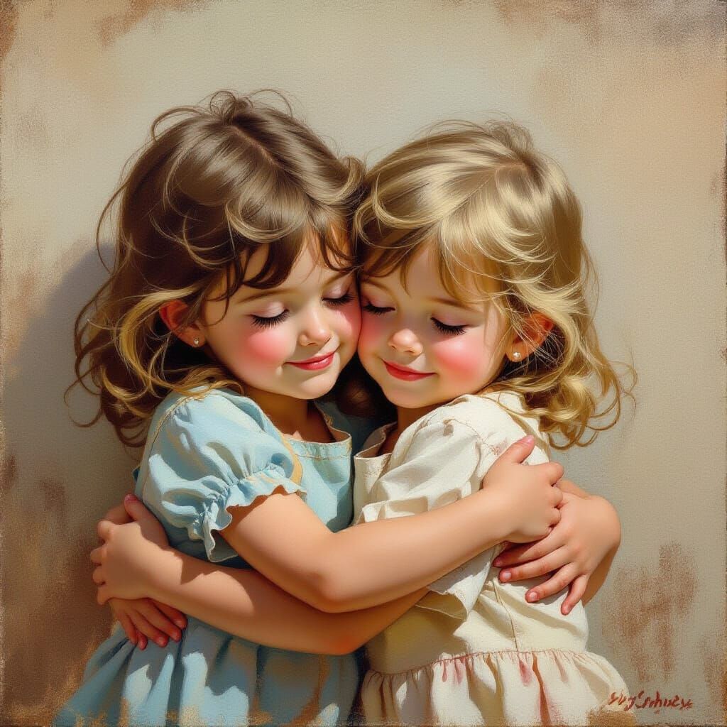 Oil Painting of a Sweet Hug Between Two Children