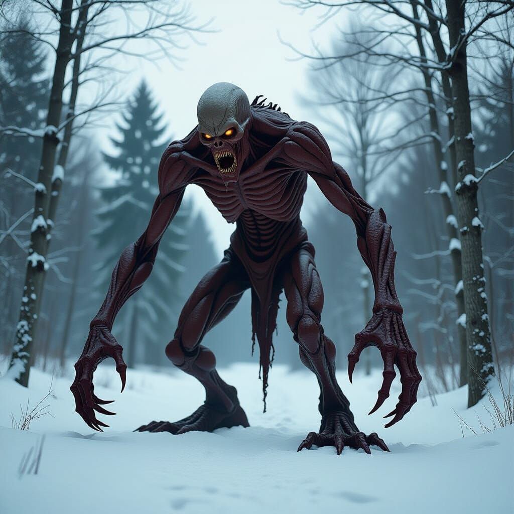 Grotesque Cosmic Horror in Winter Forest, Ektachrome Style