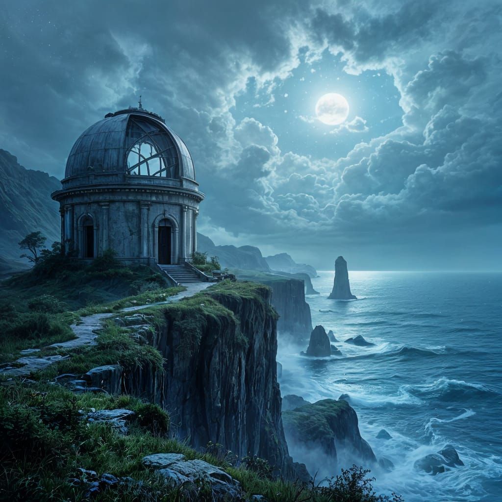 Overgrown Observatory on Alien Coastline Under Stormy Skies