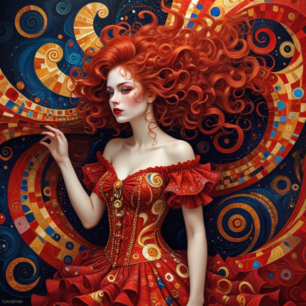 Gustav Klimt-Style Painting of a Red-Haired Circus Girl Jugg...