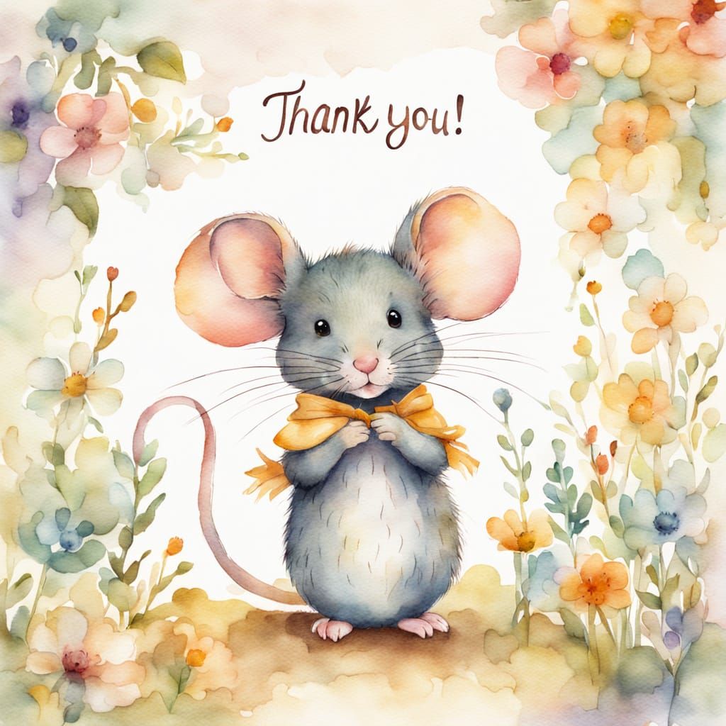 Mouse Holding Thank You Sign in Watercolor Style