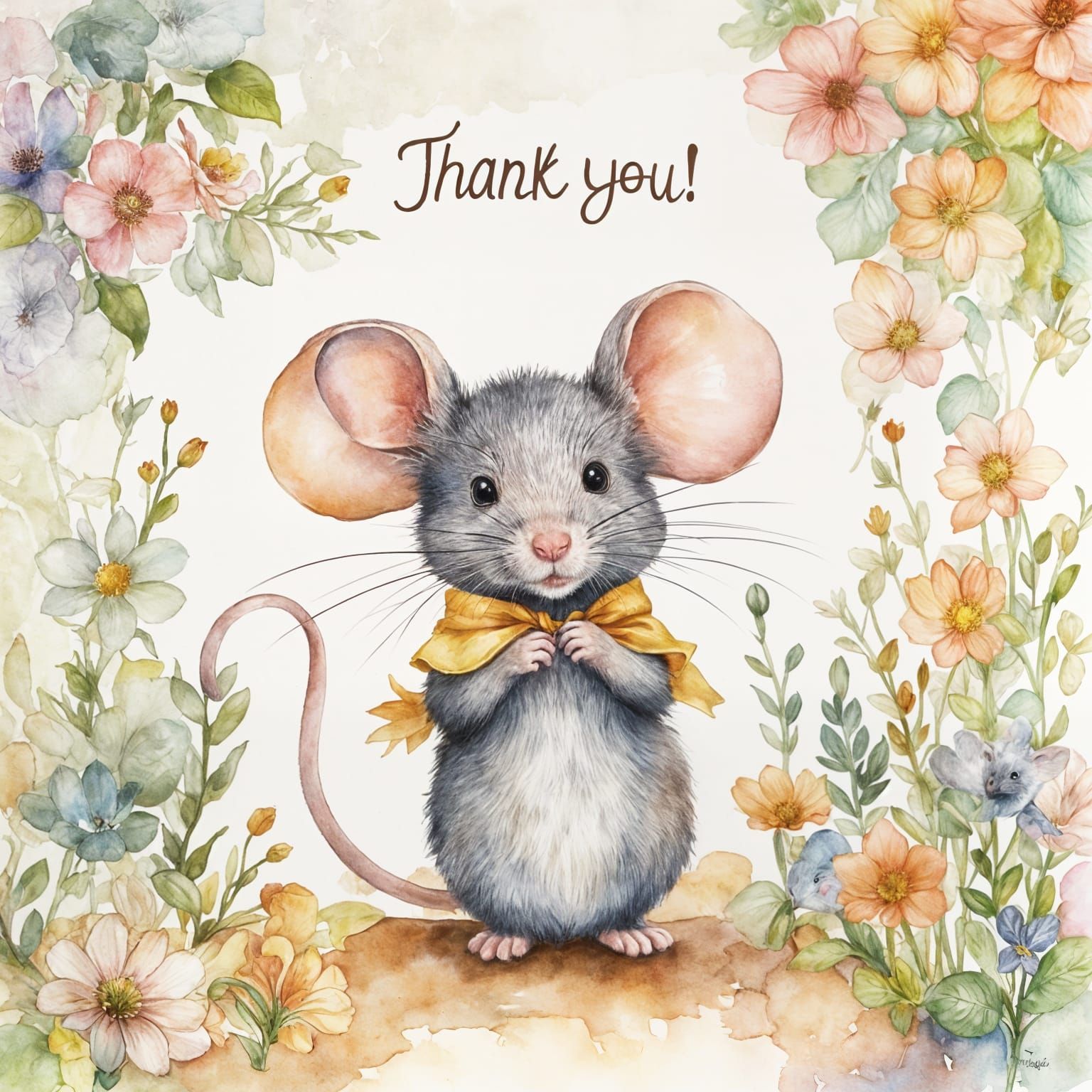 Mouse Holding Thank You Sign in Watercolor Style
