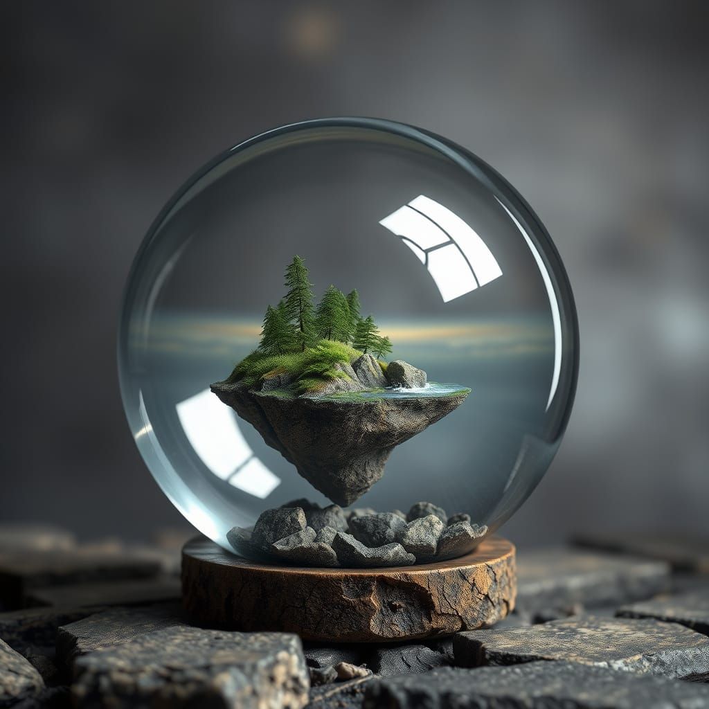 Floating Island Inside a Large Glass Sphere