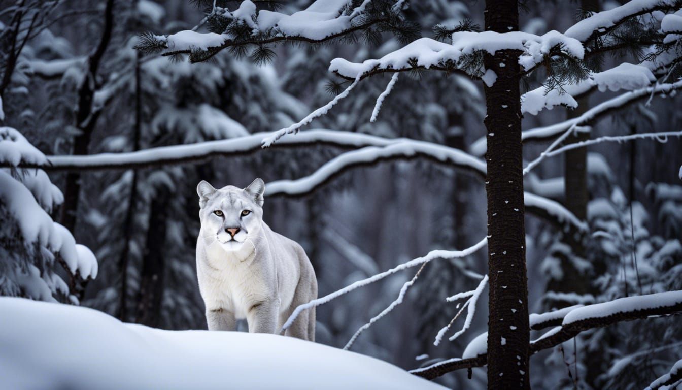 Snow Mountain Lion in Winter Forest