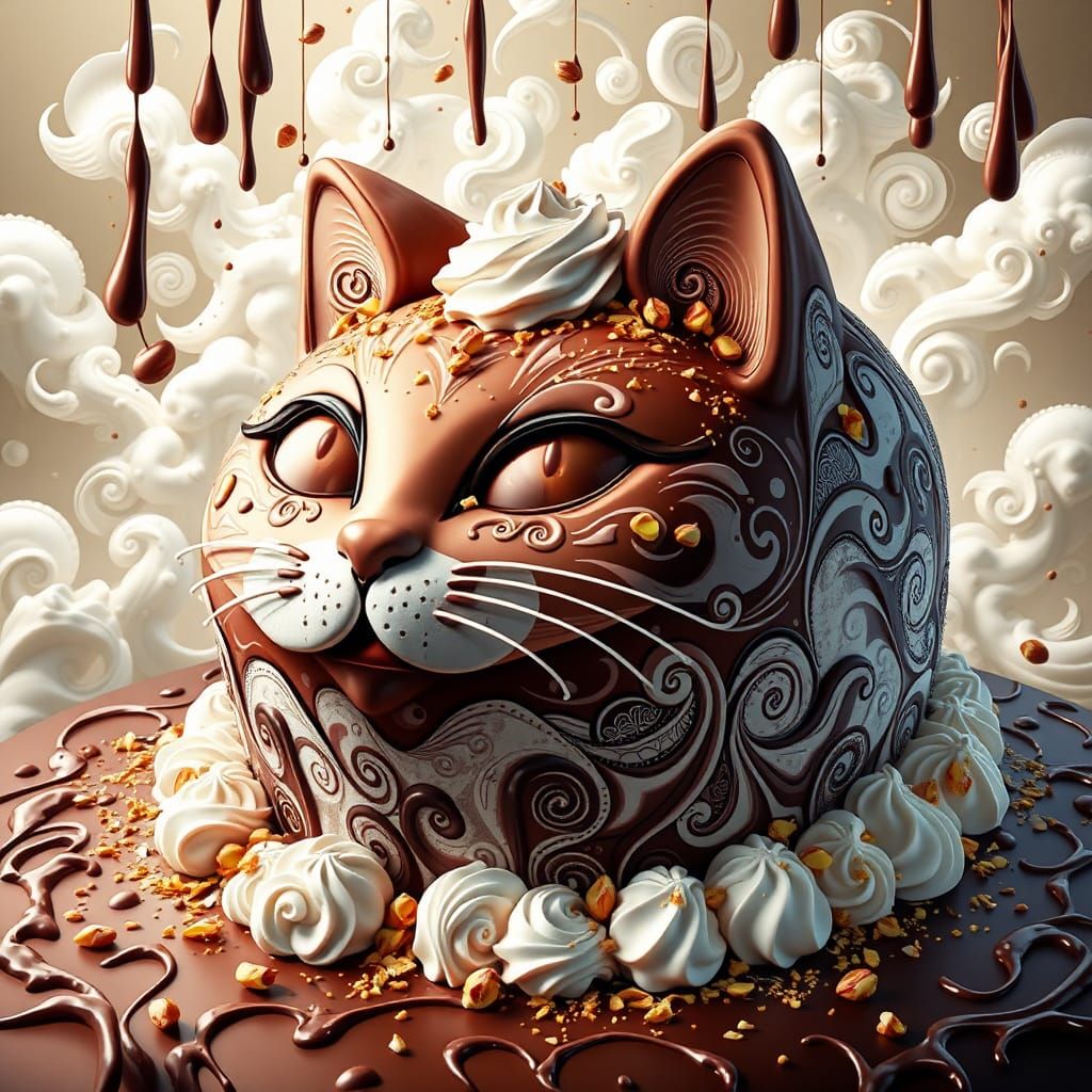 Cat Cake with Whipped Cream in Digital Art Style