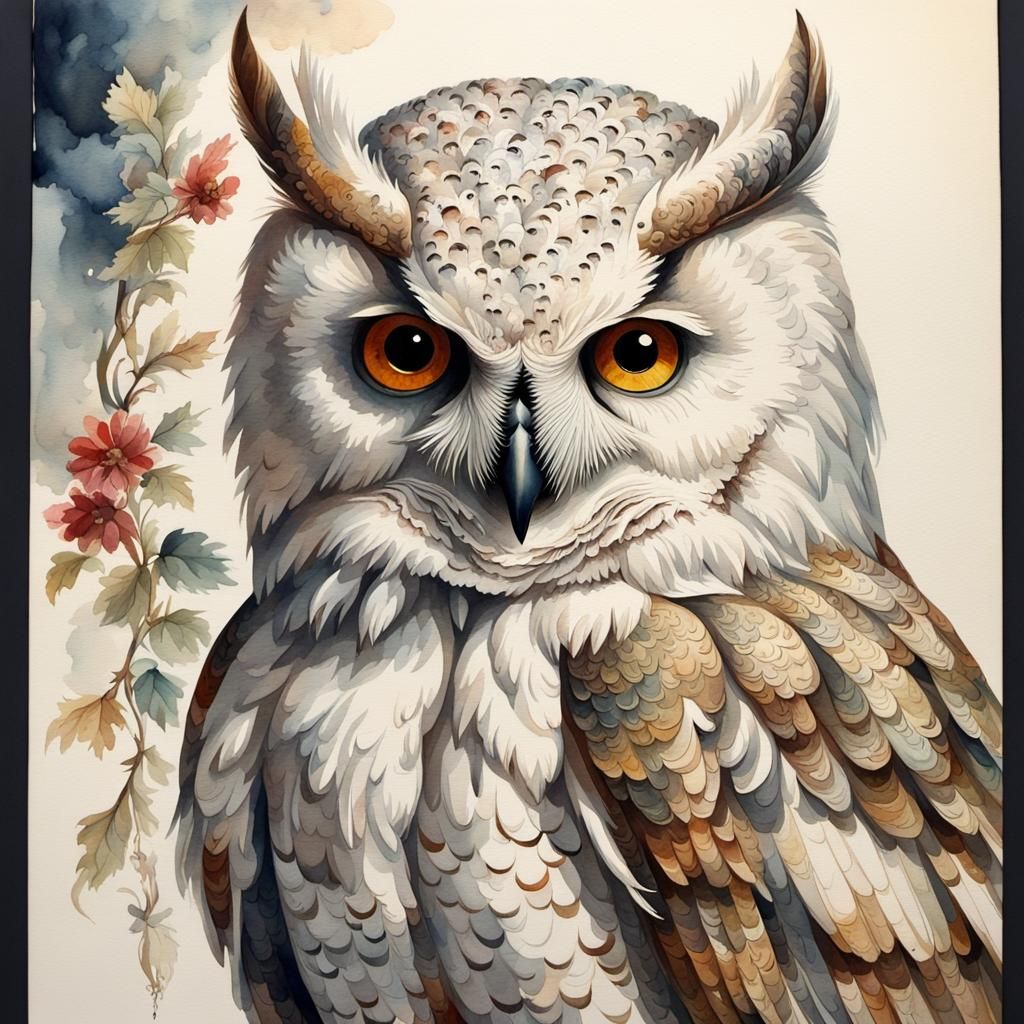 Ornate White Owl in Antique Watercolor Style