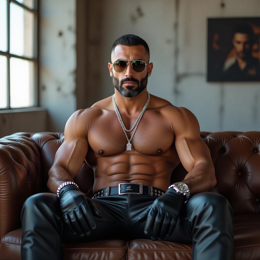 Middle Eastern Man in Leather on Brutalist Sofa