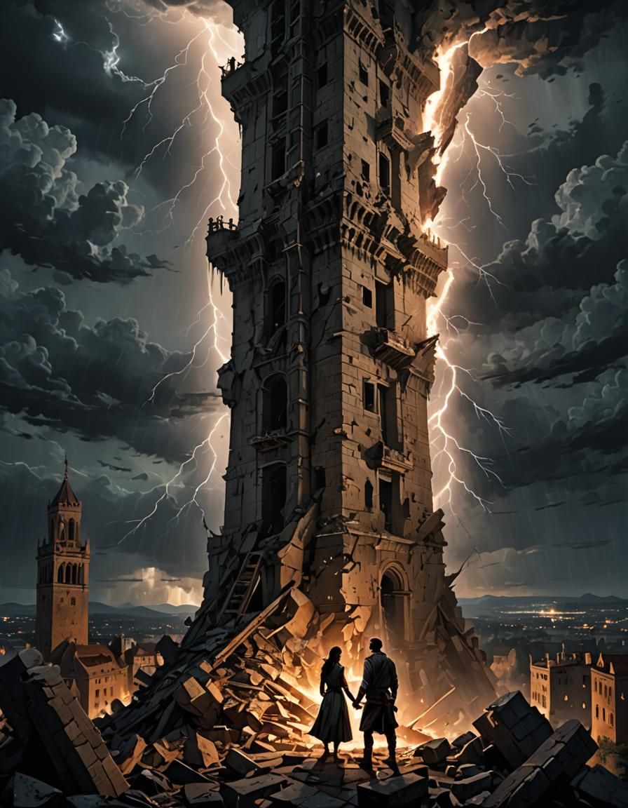 Tower's Fall: Couple's Embrace in Apocalyptic Setting