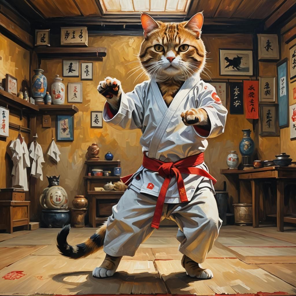 Karate Cat in Dojo: Oil Painting Masterpiece