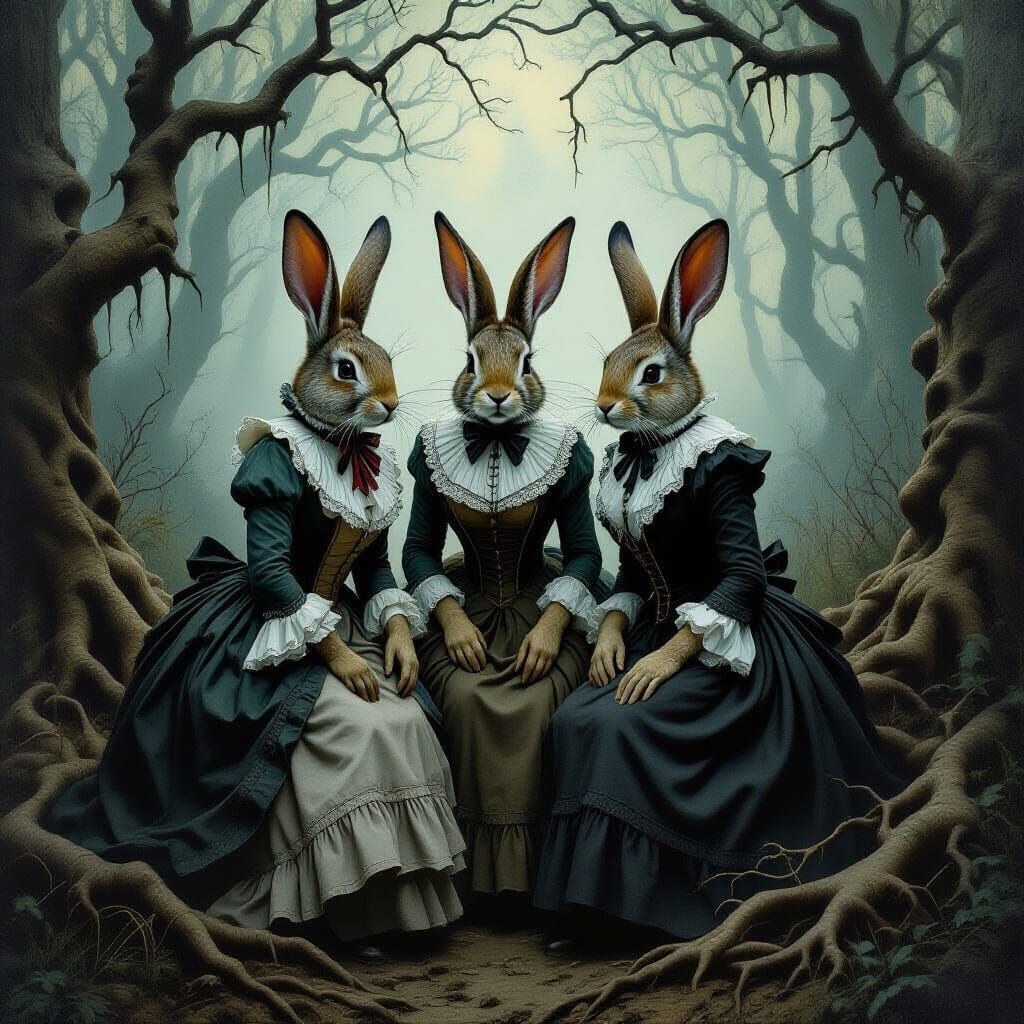 Rabbit Women in Gothic Forest, in Victorian Style
