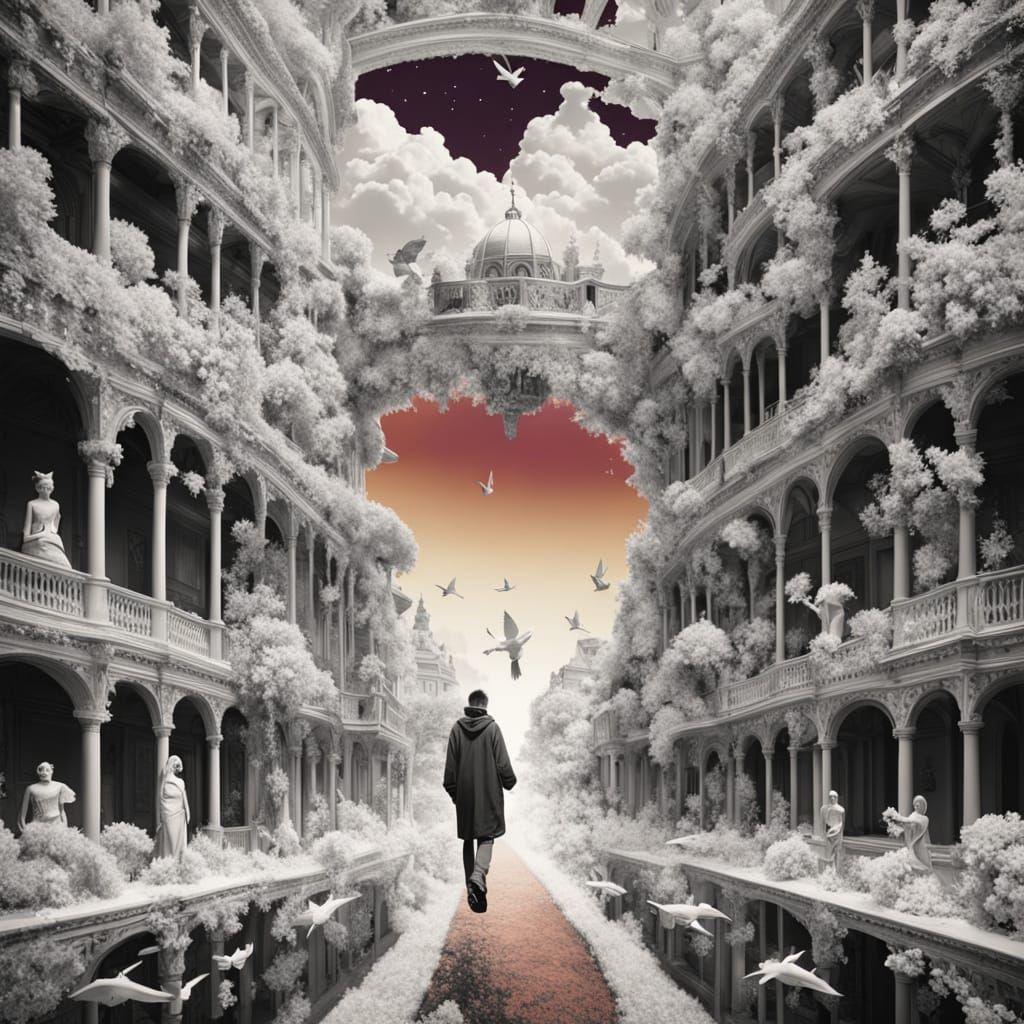 Ethereal Gold Path in Vibrant Red Horizon