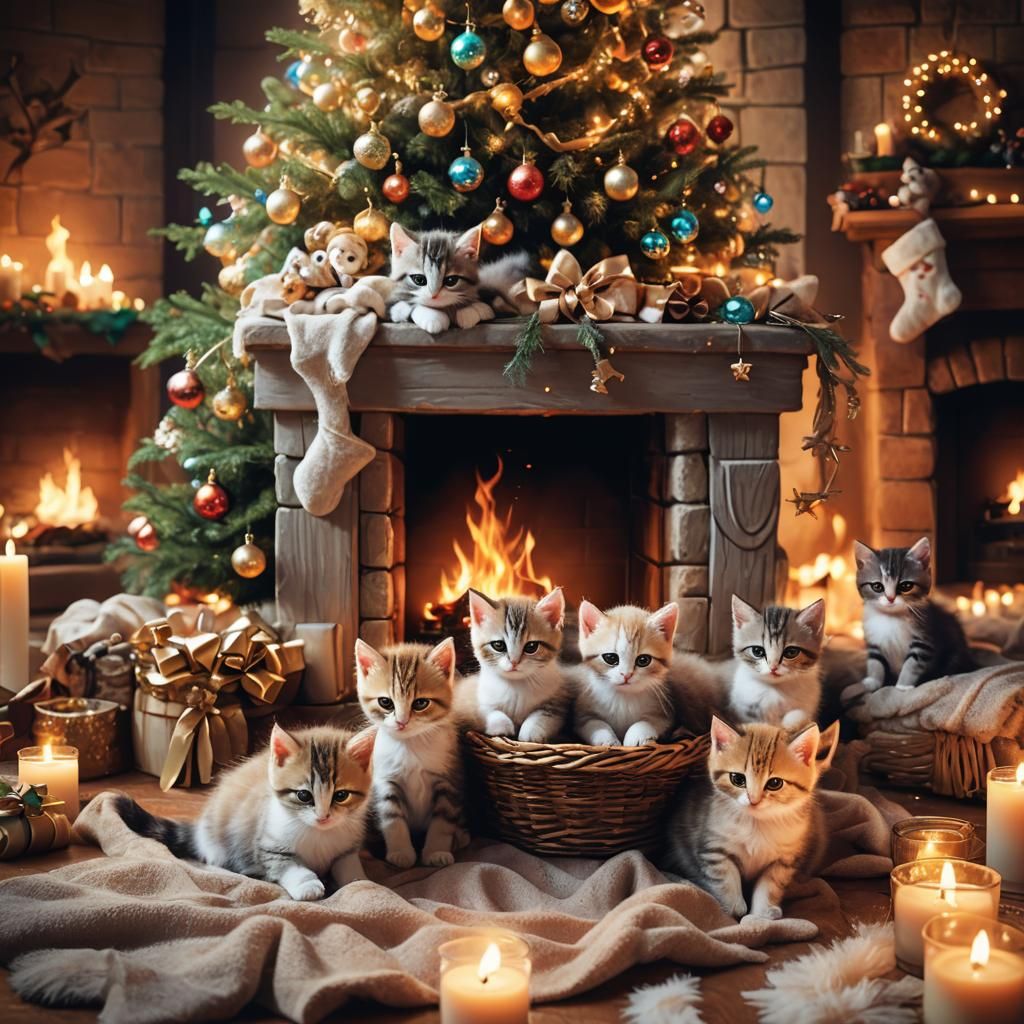 Christmas Kittens in a Basket: Fantasy Concept Art