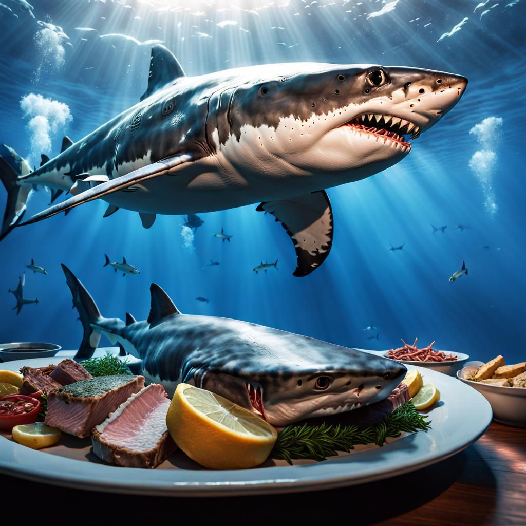 Great White Shark Hunting Dinner in Hyperrealism