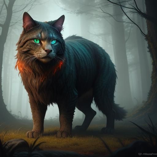 Dog-Cat Hybrid in Mystical Forest: Digital Matte Painting