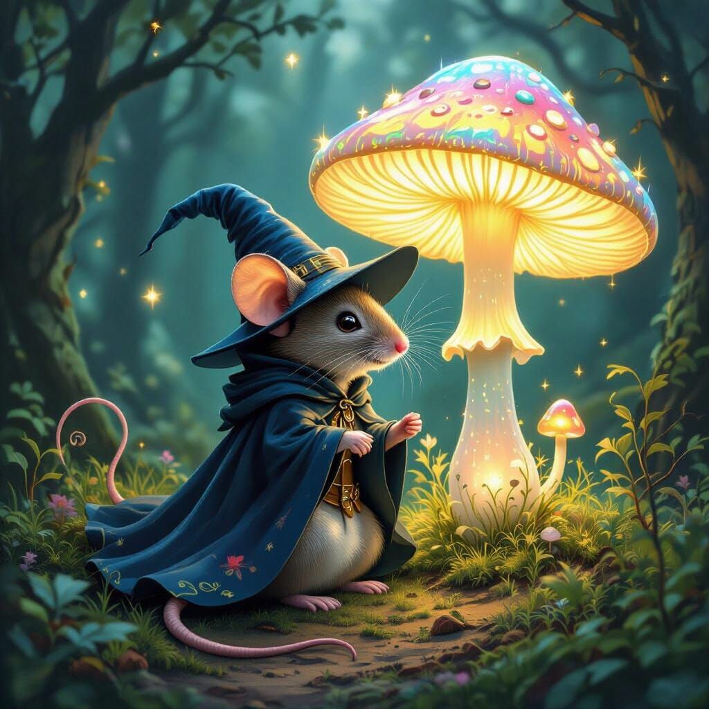 Magical Mouse Under Glowing Mushroom in Enchanted Forest