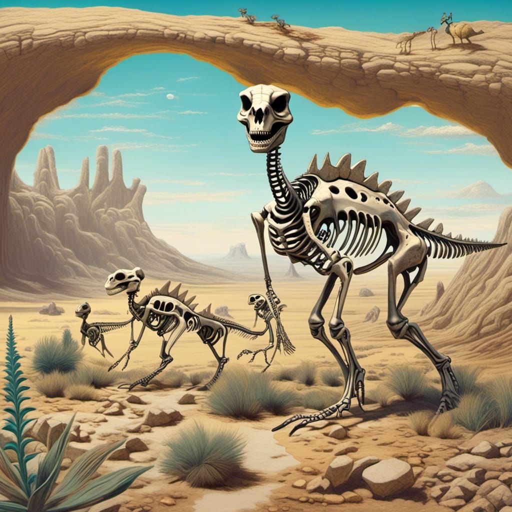 Dinosaur Skeletons Roaming the Badlands Landscape