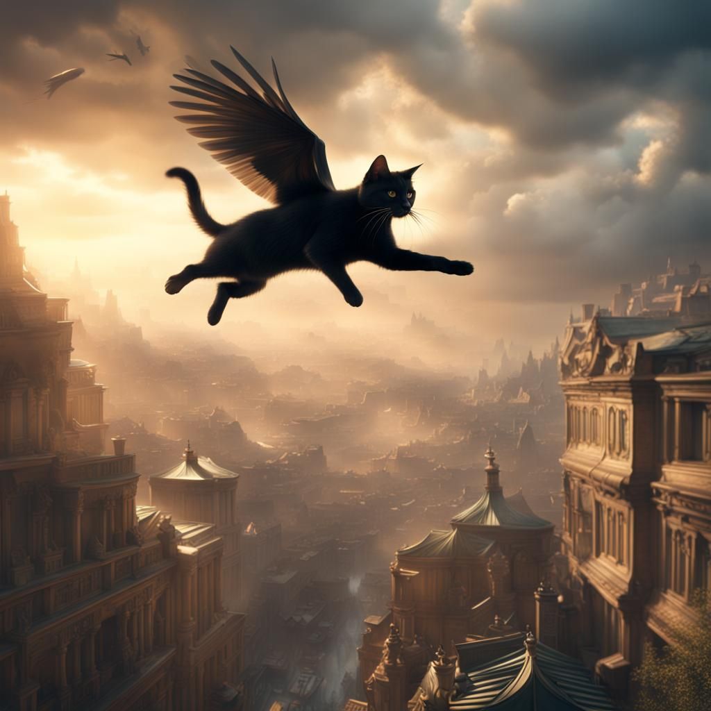 Flying Cat in Epic Digital Painting