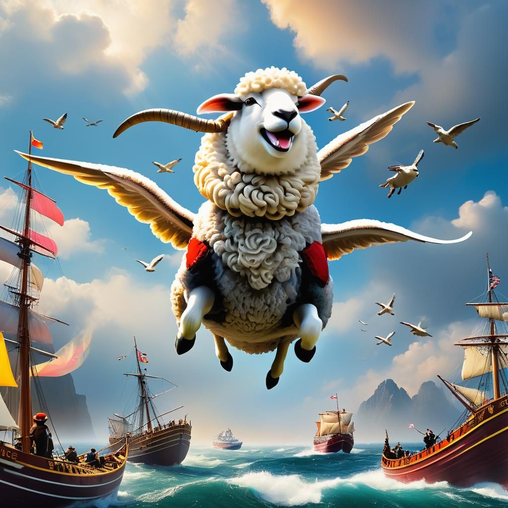 Sheep Flies Cheese Ship: Hyperrealistic Fantasy Art