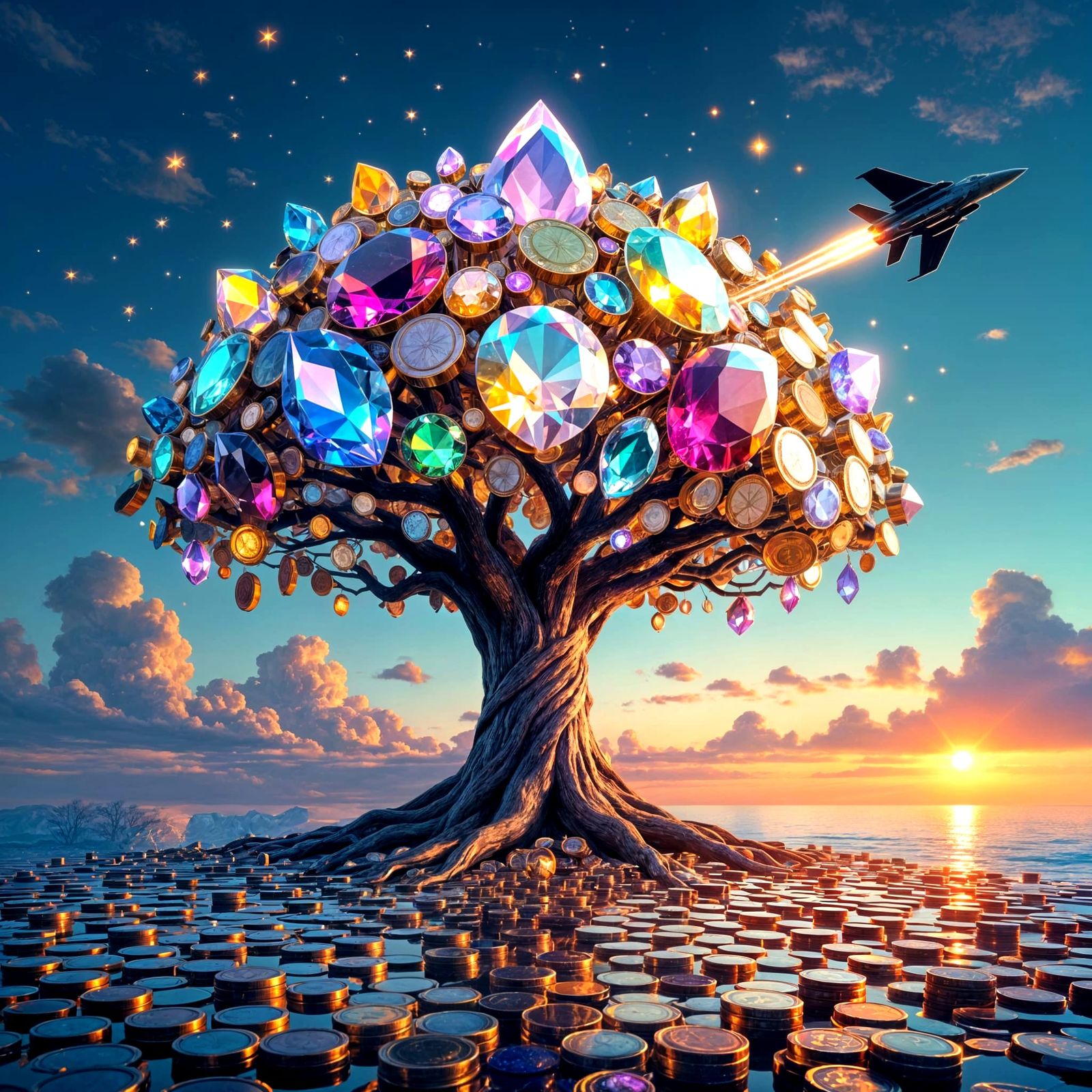 Colossal Gemstone Tree Dreamscape in Digitalpunk Style