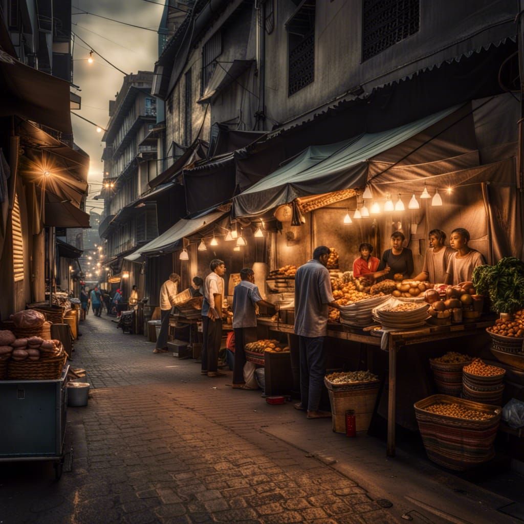 Vibrant Food Street at Dusk in HDR