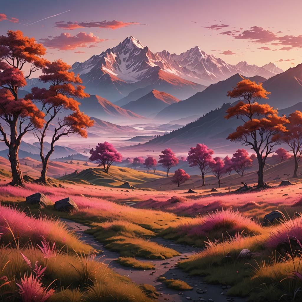 Serene Sunrise Landscape: Detailed Matte Painting