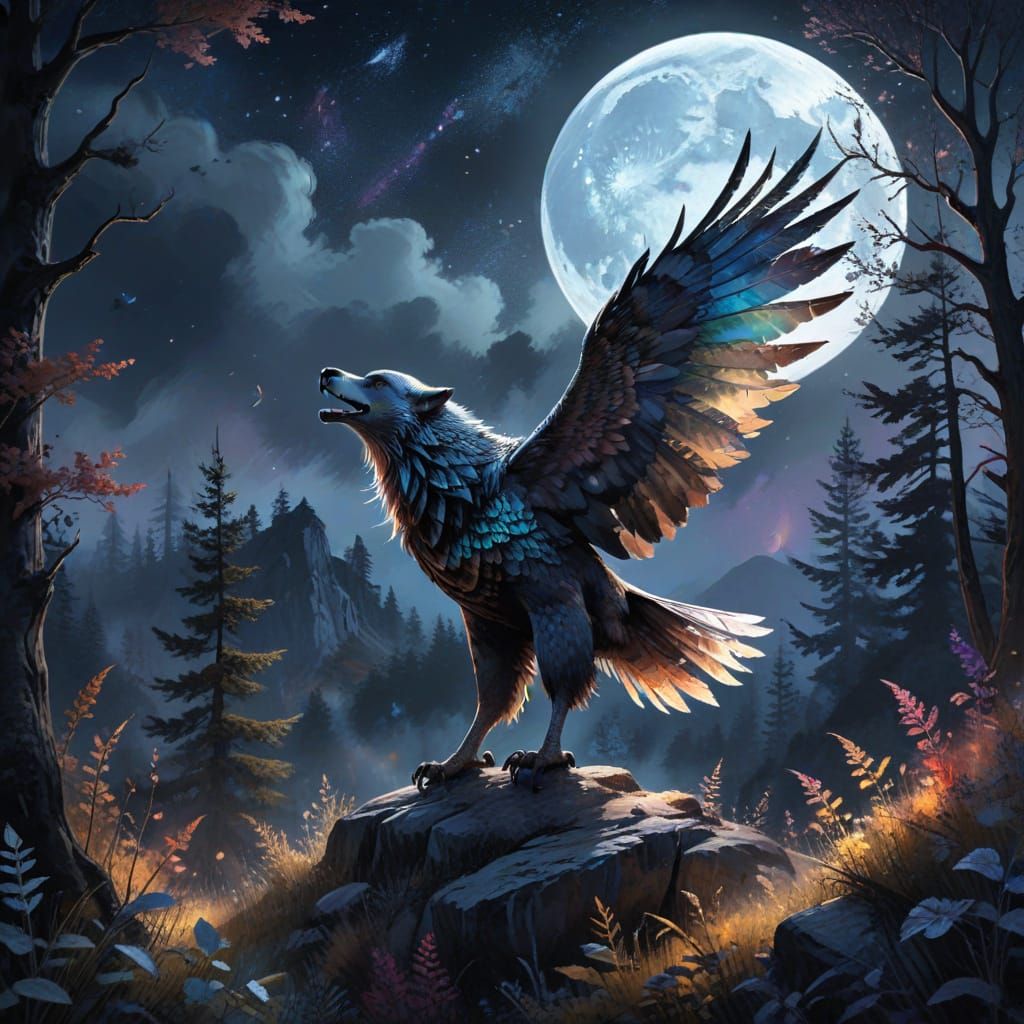 Majestic Rainbow Eagle Soars Under Moonlight