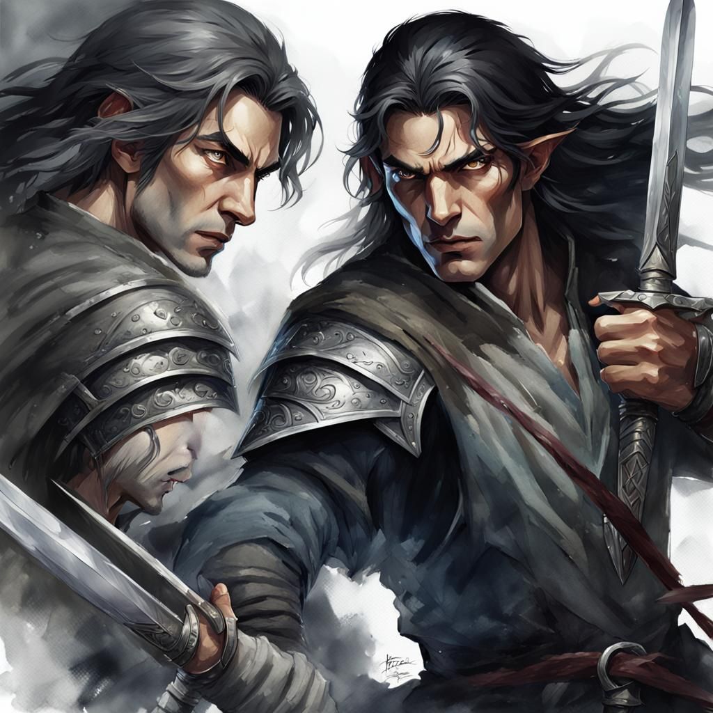 Epic Sword Fight in Watercolor Style