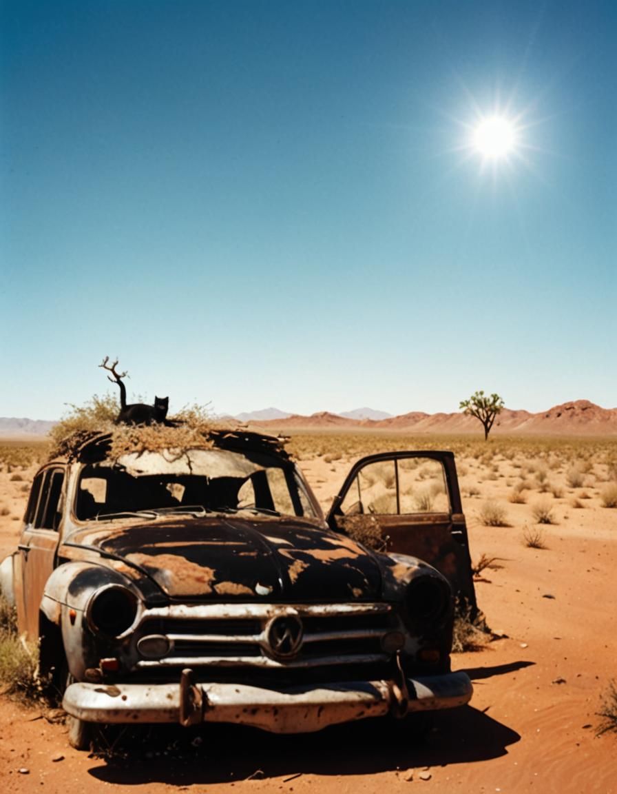 Deserted Volkswagen with Black Cat in Bierstadt Style