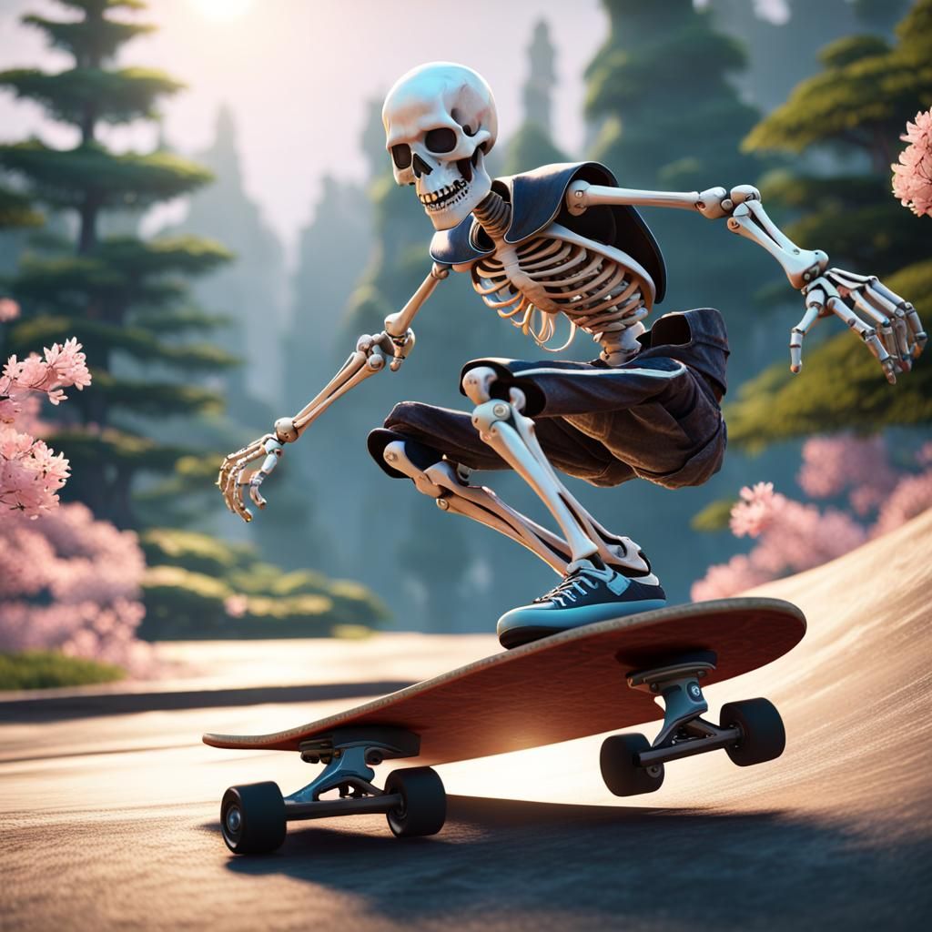 Punk Rock Skeleton Rides Wave in Hourglass