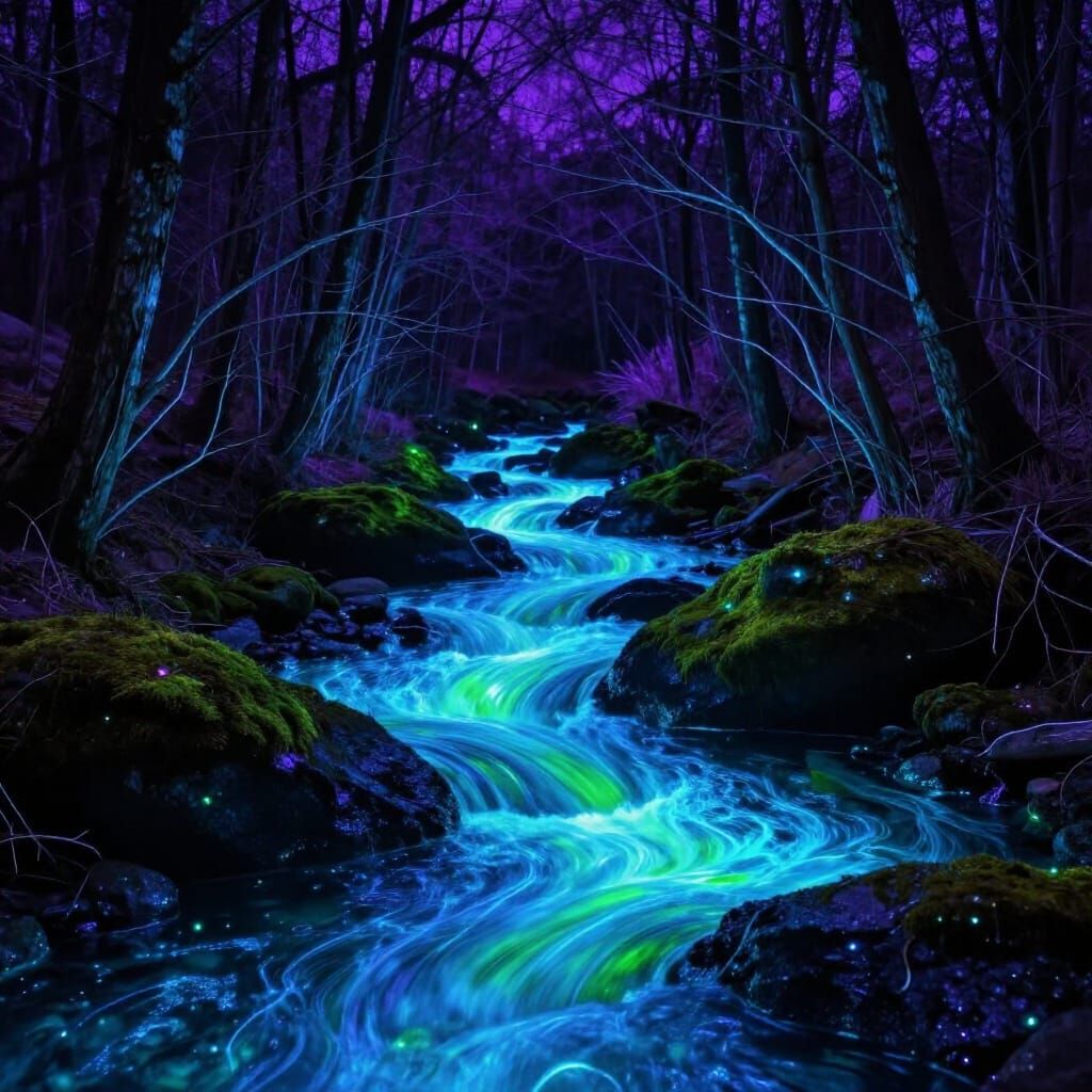 Bioluminescent Brook Flows into Shadowy Abyss