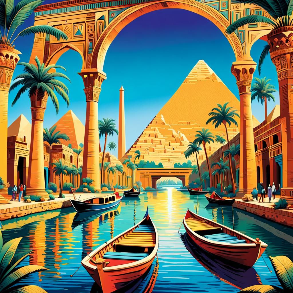 A vibrant pop art of an ancient Egyptian cityscape