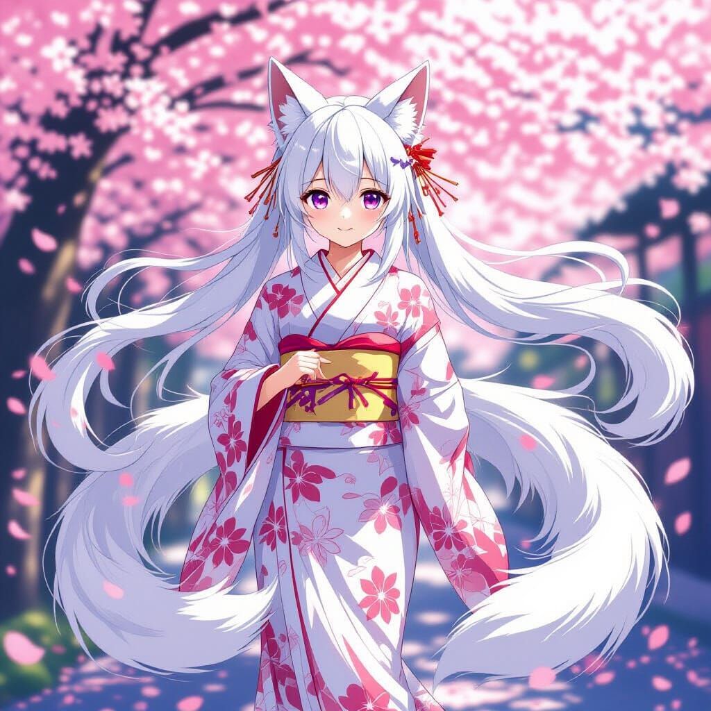 Anime Kitsune Girl in Cherry Blossom Garden